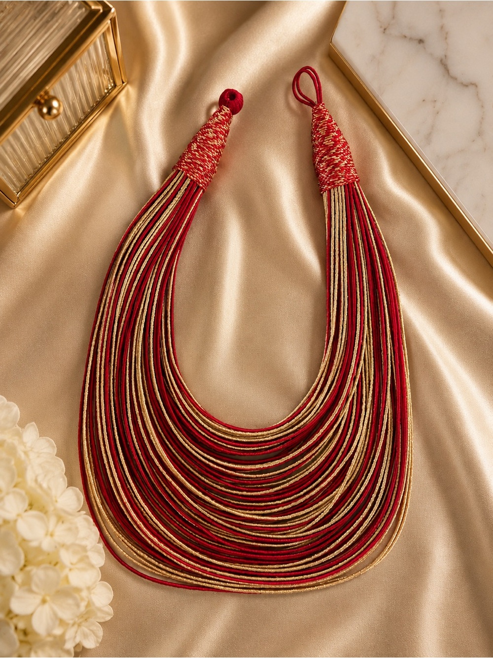 Red Gold India Silk Multi Strand Statement Bohemian Luxe Bib Necklace